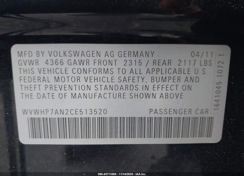 2012 VOLKSWAGEN CC LUX VIN: WVWHP7AN2CE513520