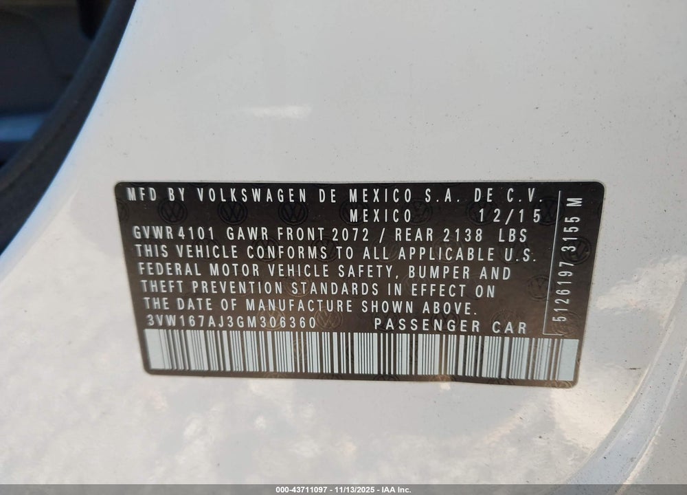 2016 VOLKSWAGEN JETTA 1.4T S VIN: 3VW167AJ3GM306360