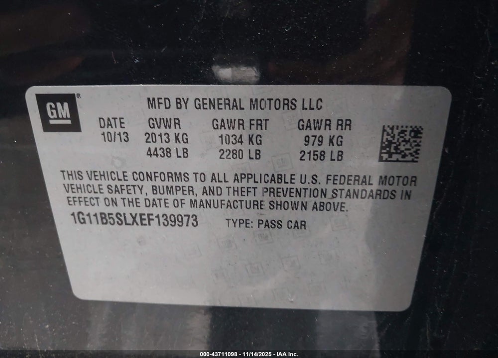 2014 CHEVROLET MALIBU 1LS VIN: 1G11B5SLXEF139973