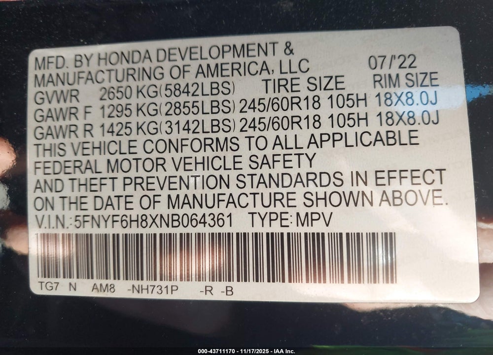 2022 HONDA PILOT AWD TRAILSPORT VIN: 5FNYF6H8XNB064361