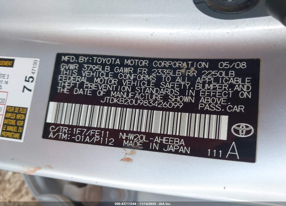 2008 TOYOTA PRIUS VIN: JTDKB20U983426099