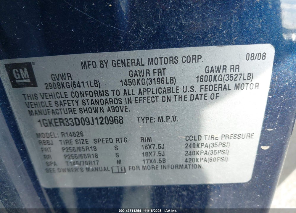 2009 GMC ACADIA SLT-2 VIN: 1GKER33D09J120968