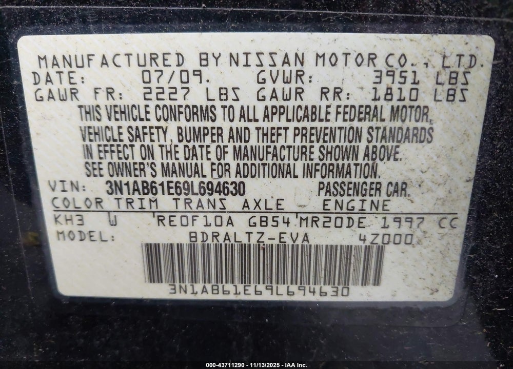 2009 NISSAN SENTRA VIN: 3N1AB61E69L694630