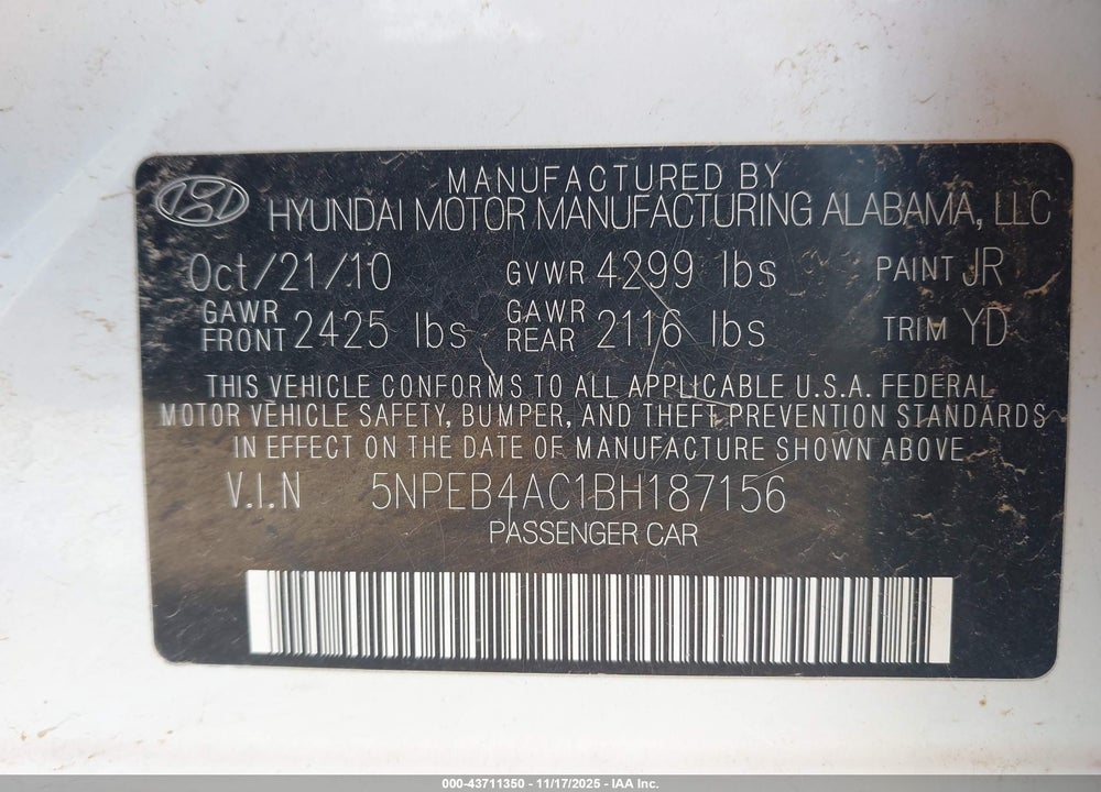 2011 HYUNDAI SONATA GLS VIN: 5NPEB4AC1BH187156