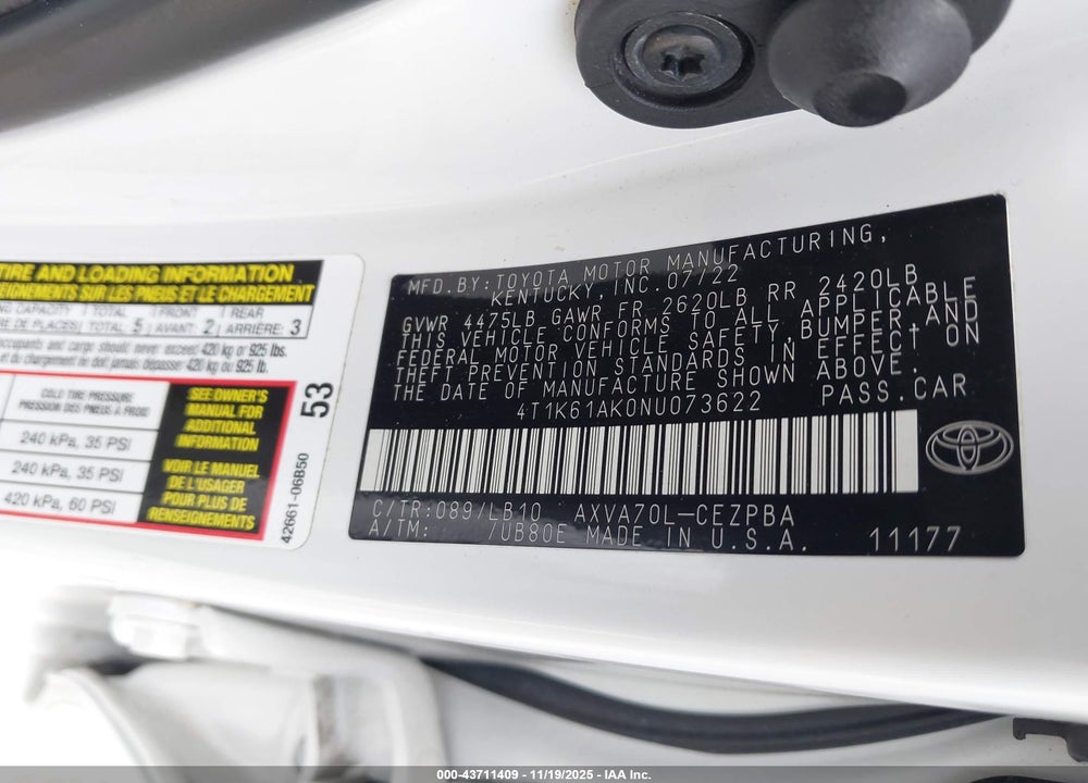 2022 TOYOTA CAMRY XSE VIN: 4T1K61AK0NU073622