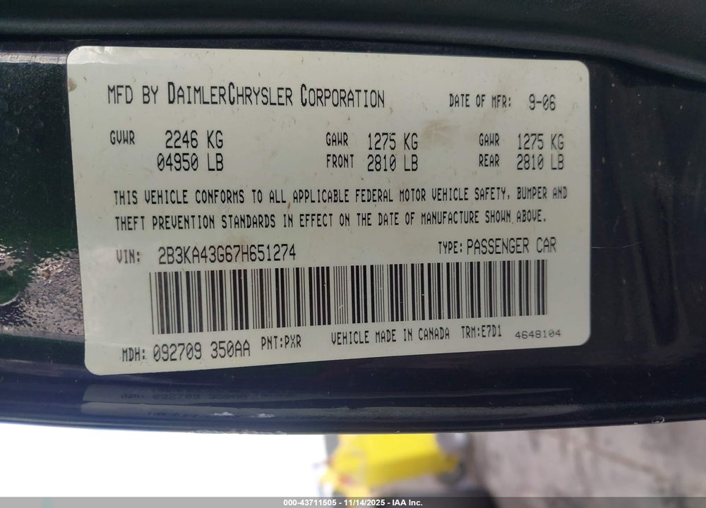 2007 DODGE CHARGER VIN: 2B3KA43G67H651274