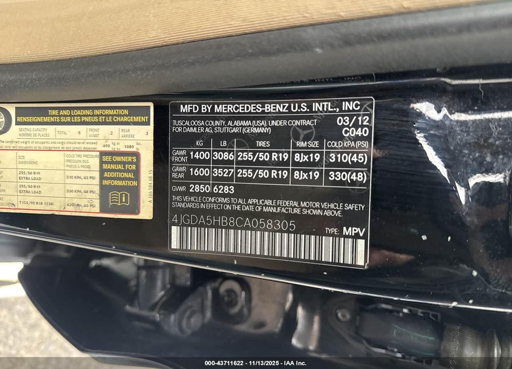 2012 MERCEDES-BENZ ML 350 4MA VIN: 4JGDA5HB8CA058305