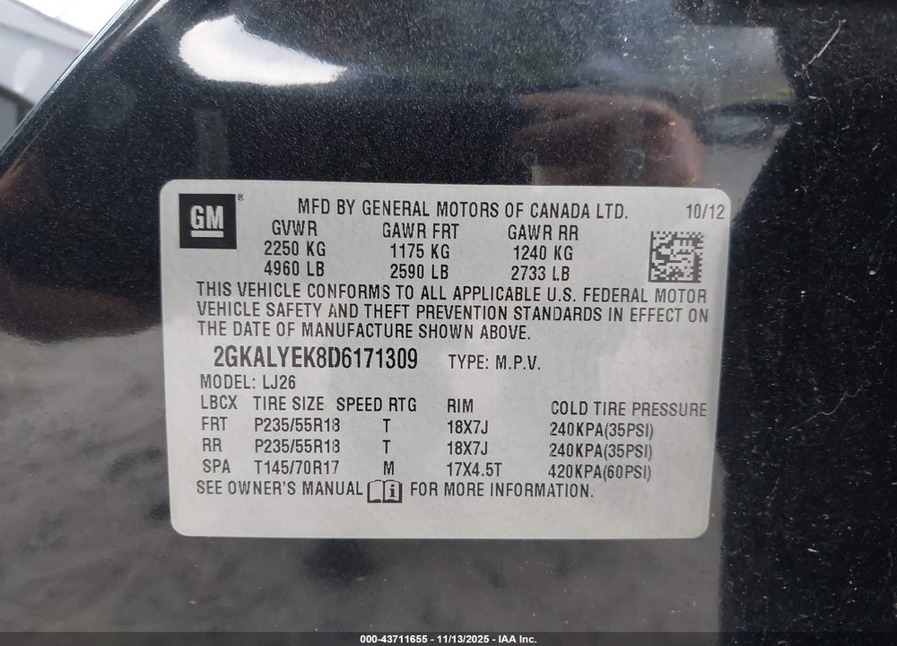 2013 GMC TERRAIN DENALI VIN: 2GKALYEK8D6171309
