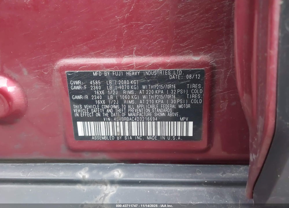 2013 SUBARU OUTBACK 2.5I VIN: 4S4BRBAC4D3216694