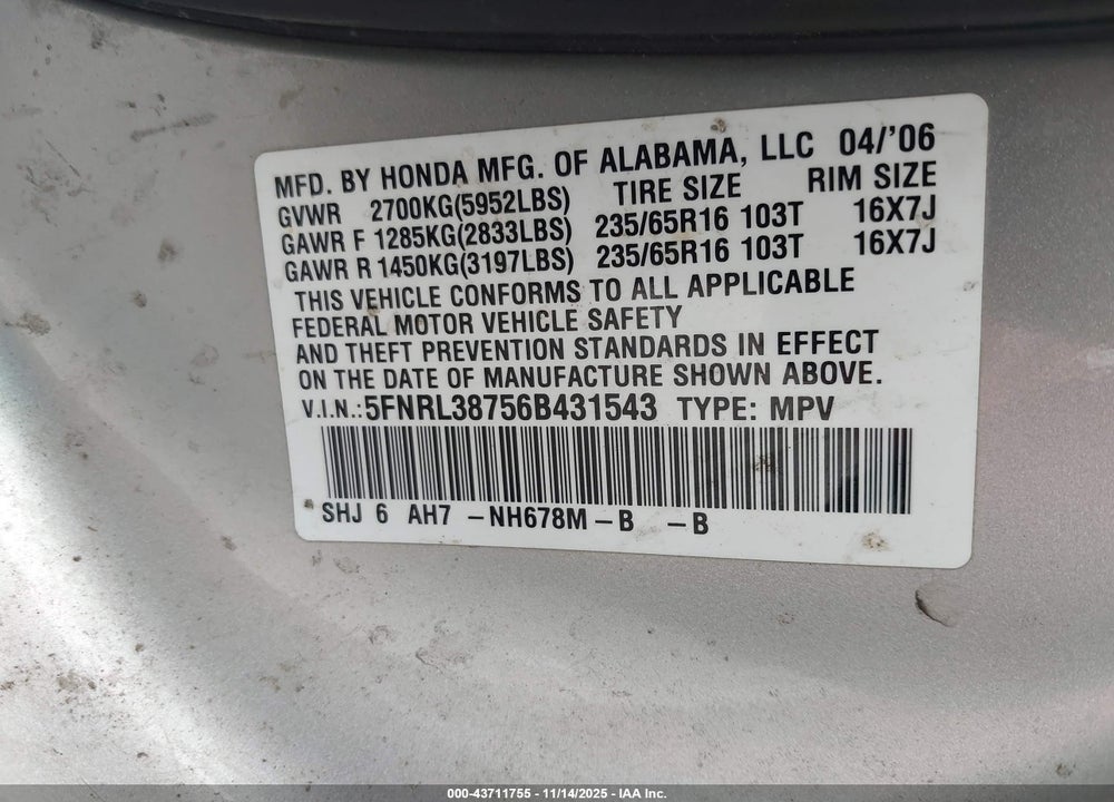 2006 HONDA ODYSSEY EX-L VIN: 5FNRL38756B431543