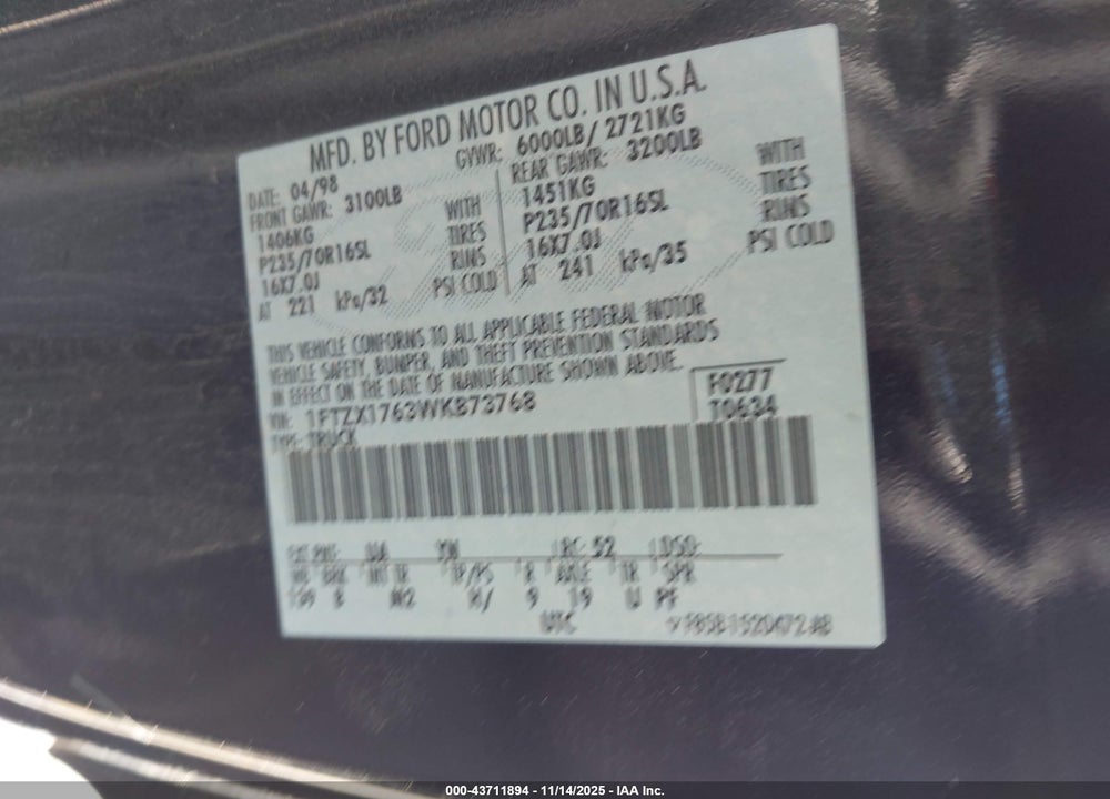 1998 FORD F-150 LARIAT/STANDARD/XL/XLT VIN: 1FTZX1763WKB73768