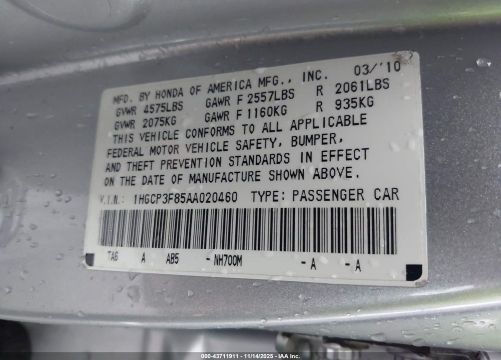 2010 HONDA ACCORD 3.5 EX-L VIN: 1HGCP3F85AA020460