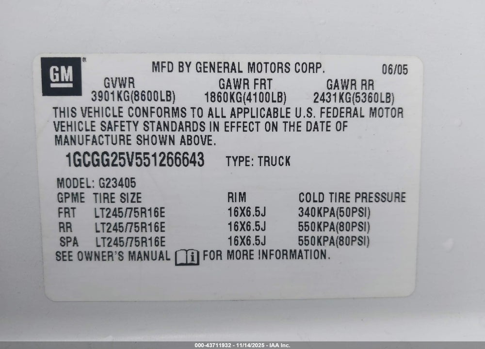 2005 CHEVROLET EXPRESS VIN: 1GCGG25V551266643
