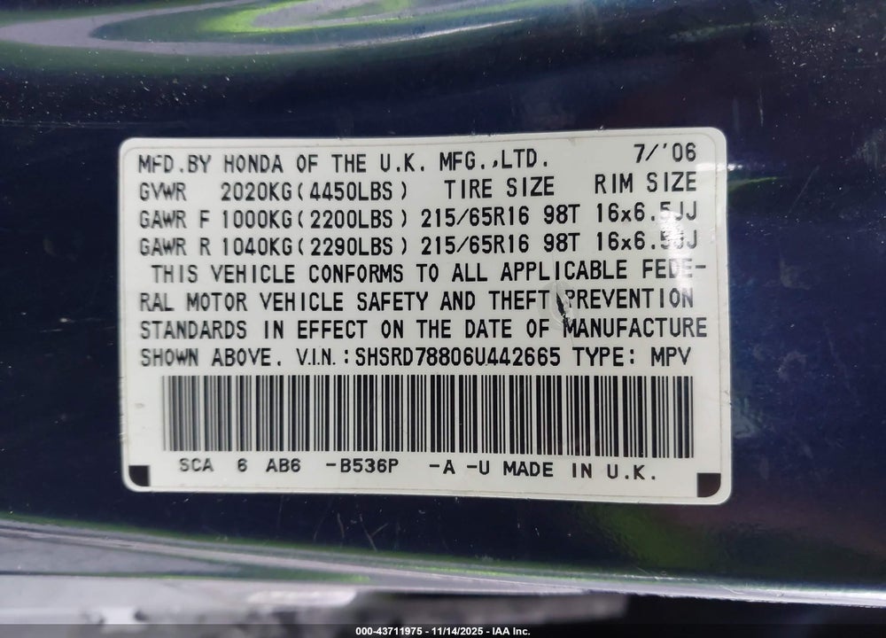 2006 HONDA CR-V EX VIN: SHSRD78806U442665