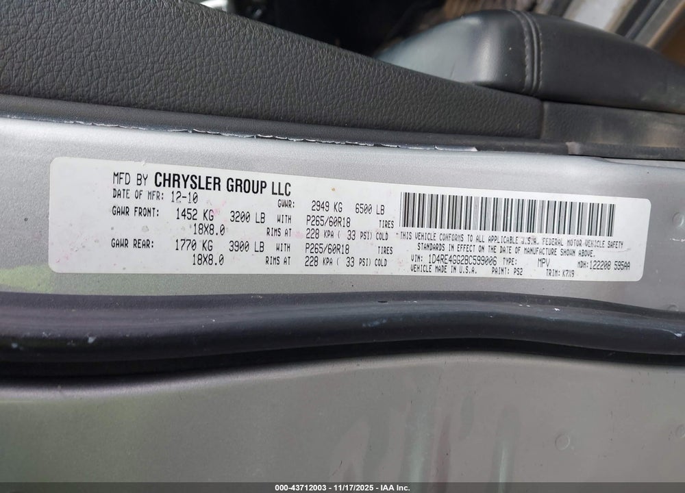 2011 DODGE DURANGO CREW VIN: 1D4RE4GG2BC599006