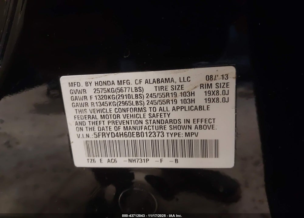 2014 ACURA MDX VIN: 5FRYD4H60EB012373