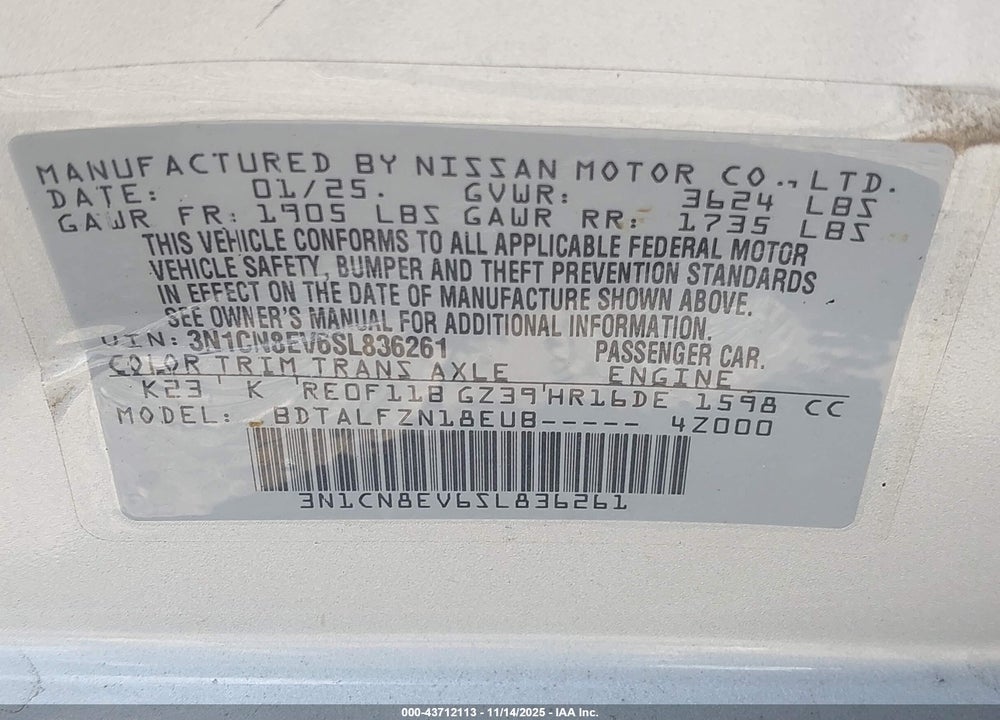2025 NISSAN VERSA VIN: 3N1CN8EV6SL836261