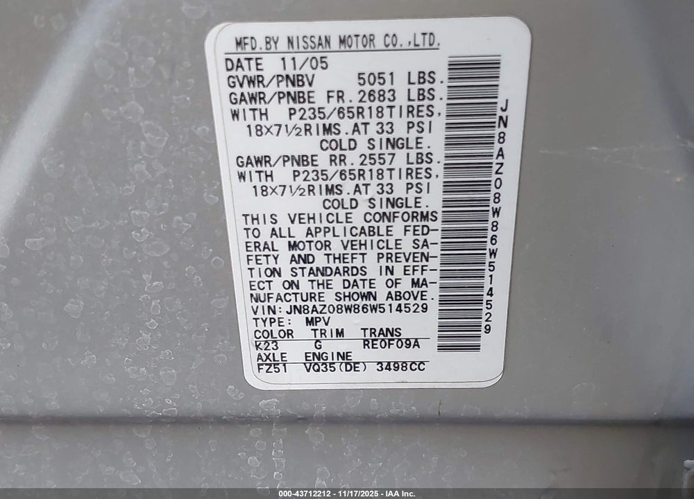 2006 NISSAN MURANO S VIN: JN8AZ08W86W514529