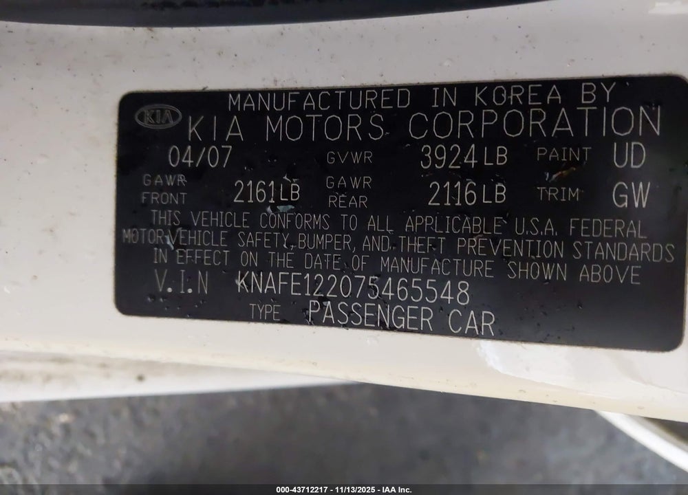 2007 KIA SPECTRA EX VIN: KNAFE122075465548