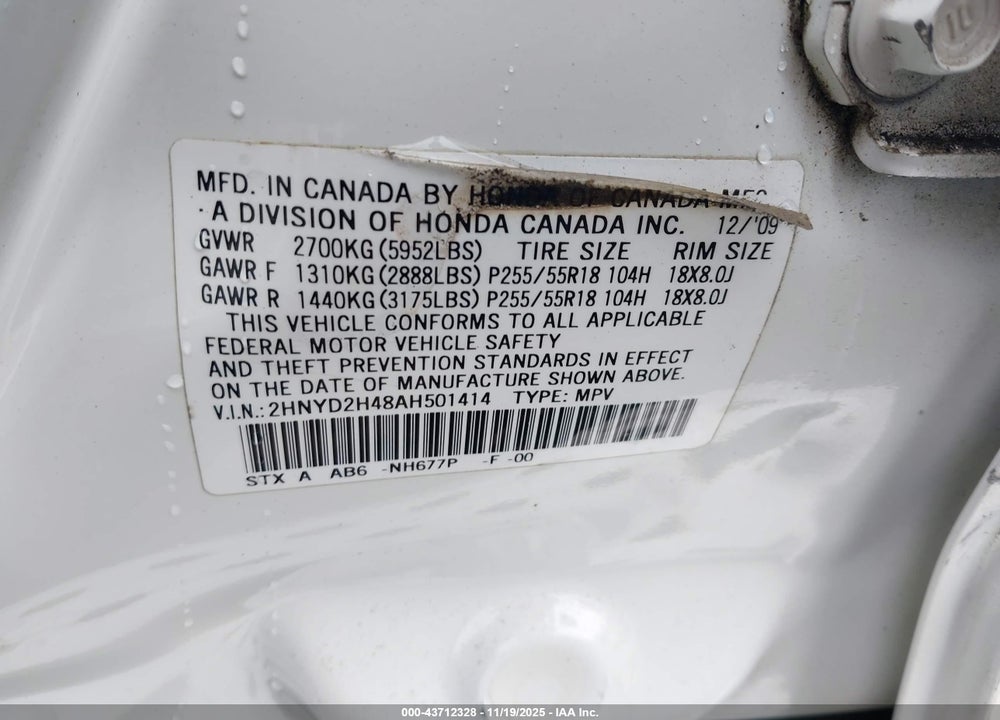 2010 ACURA MDX TECHNOLOGY PACKAGE VIN: 2HNYD2H48AH501414