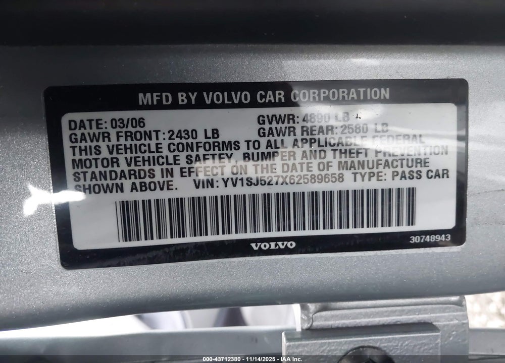 2006 VOLVO V70 VIN: YV1SJ527X62589658
