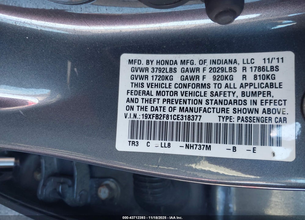 2012 HONDA CIVIC EX VIN: 19XFB2F81CE318377