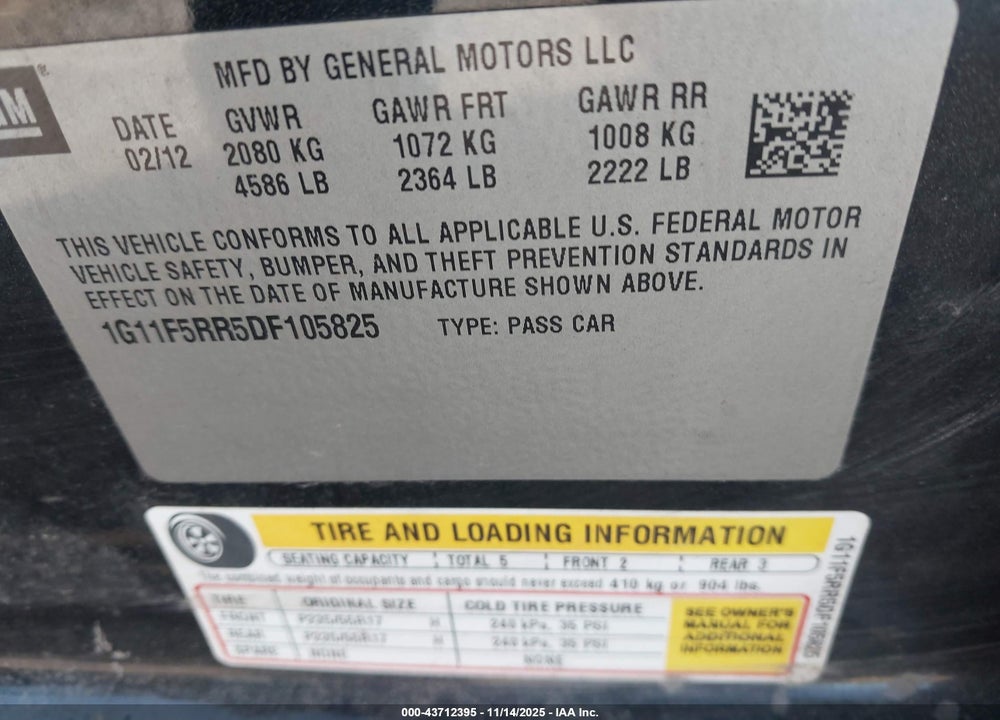 2013 CHEVROLET MALIBU ECO PREMIUM AUDIO VIN: 1G11F5RR5DF105825