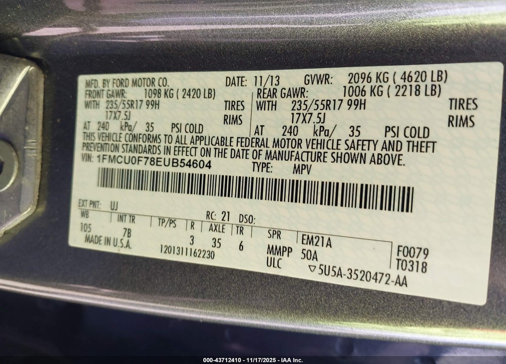 2014 FORD ESCAPE S VIN: 1FMCU0F78EUB54604