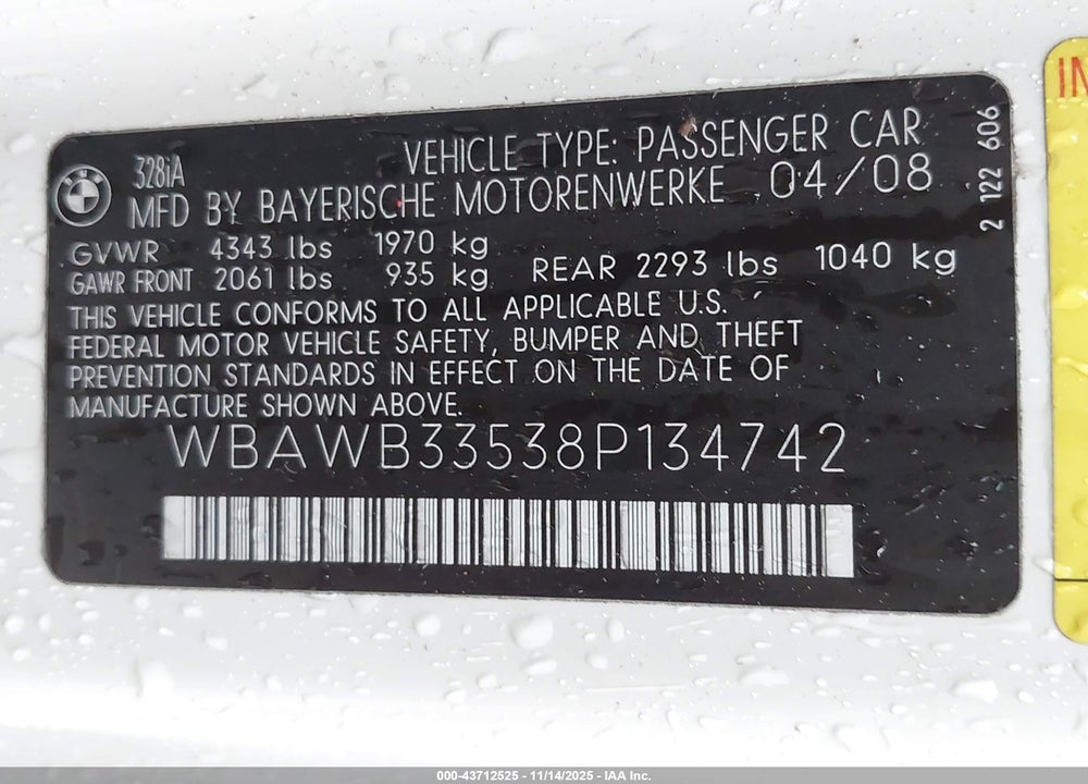 2008 BMW 328I VIN: WBAWB33538P134742
