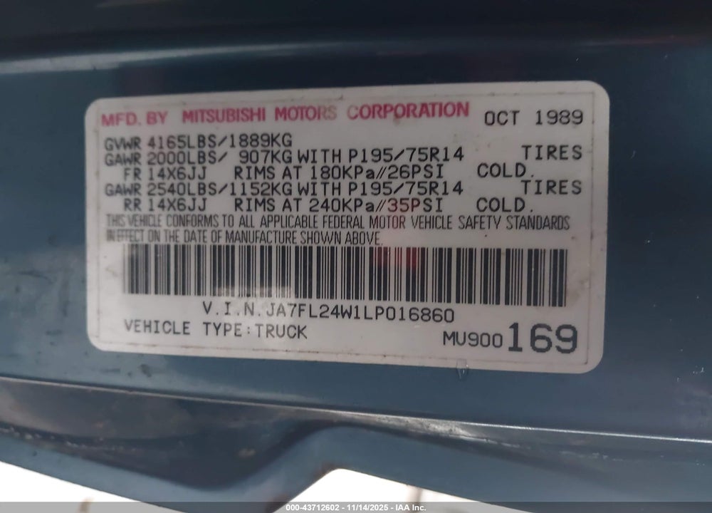 1990 MITSUBISHI MIGHTY MAX / S VIN: JA7FL24W1LP016860