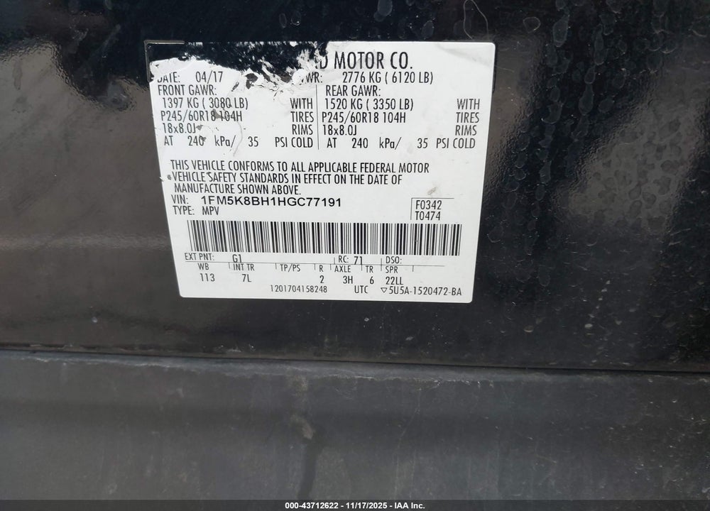 2017 FORD EXPLORER VIN: 1FM5K8BH1HGC77191