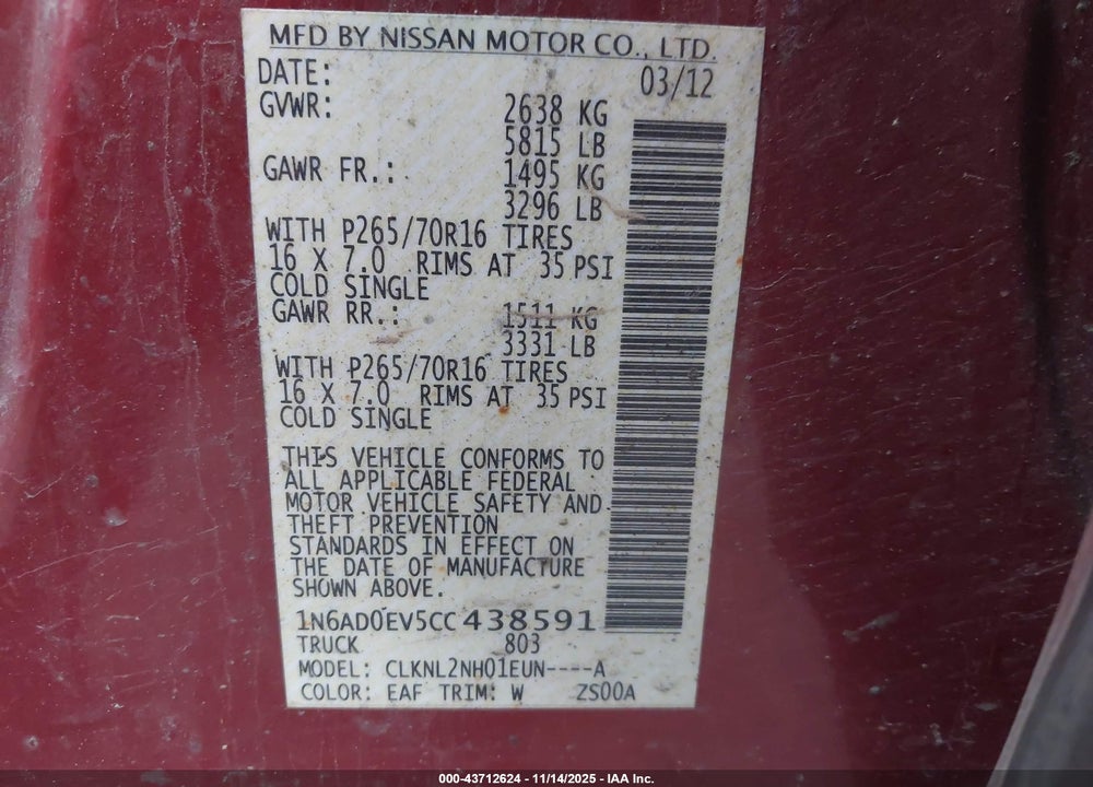 2012 NISSAN FRONTIER SV VIN: 1N6AD0EV5CC438591