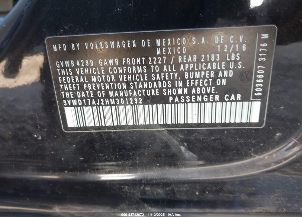 2017 VOLKSWAGEN JETTA VIN: 3VWD17AJ2HM301292