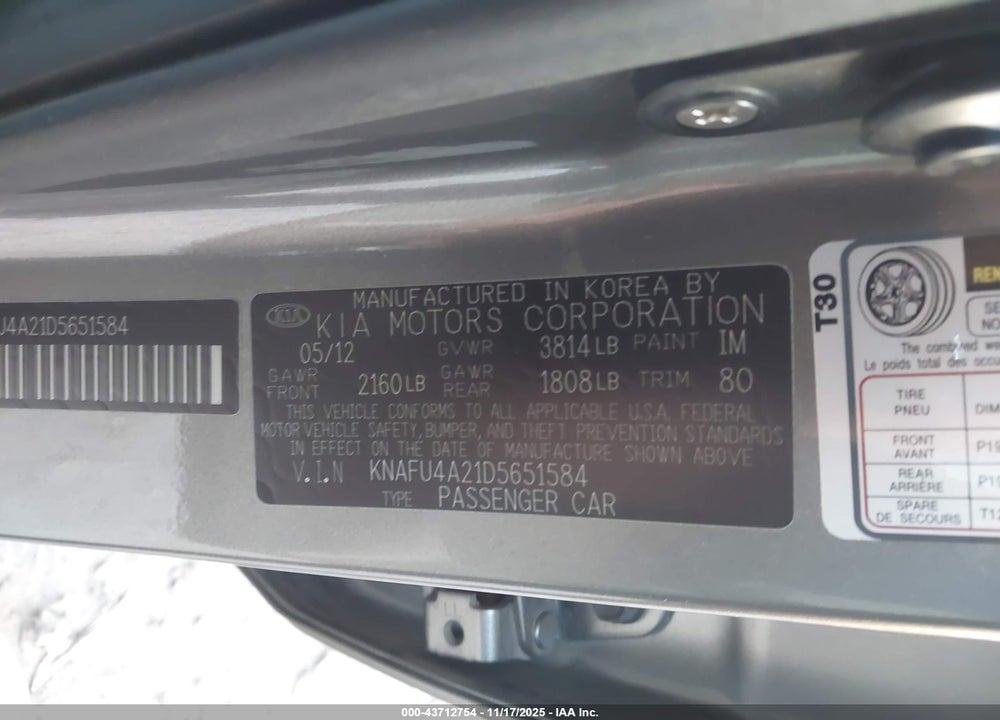 2013 KIA FORTE EX VIN: KNAFU4A21D5651584