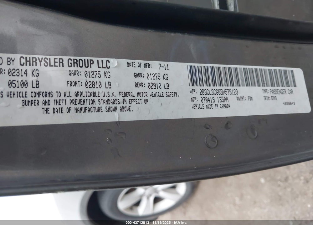 2011 DODGE CHARGER VIN: 2B3CL3CG6BH579123