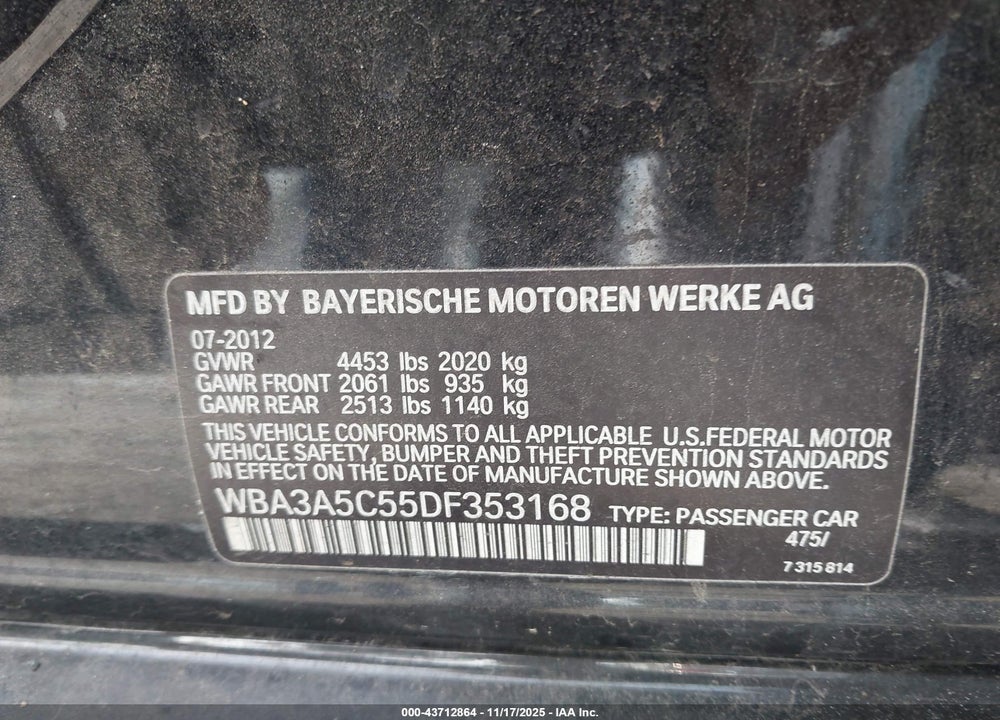 2013 BMW 328I VIN: WBA3A5C55DF353168