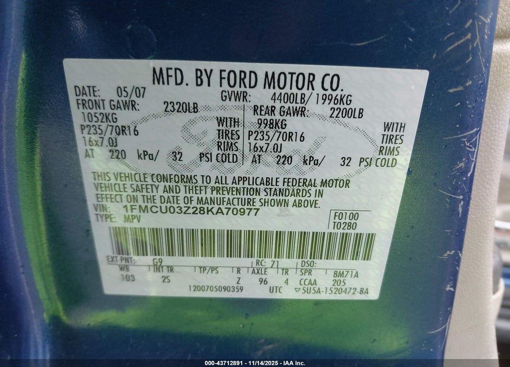 2008 FORD ESCAPE XLT VIN: 1FMCU03Z28KA70977