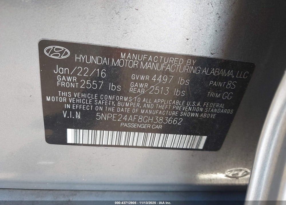 2016 HYUNDAI SONATA VIN: 5NPE24AF8GH383662