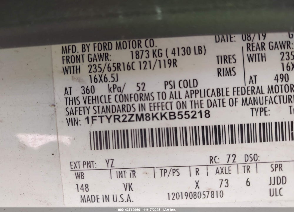 2019 FORD TRANSIT-250 VIN: 1FTYR2ZM8KKB55218