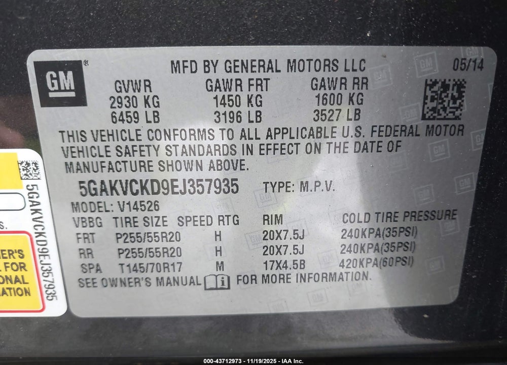 2014 BUICK ENCLAVE VIN: 5GAKVCKD9EJ357935