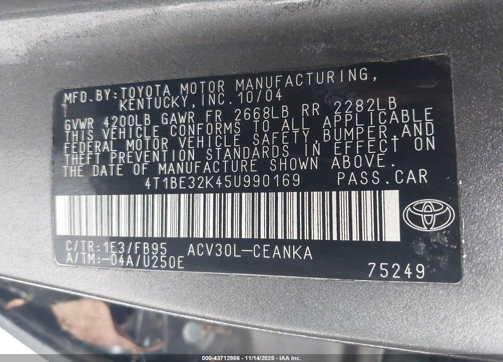 2005 TOYOTA CAMRY LE VIN: 4T1BE32K45U990169