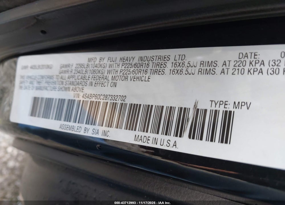 2008 SUBARU OUTBACK VIN: 4S4BP60C287332702