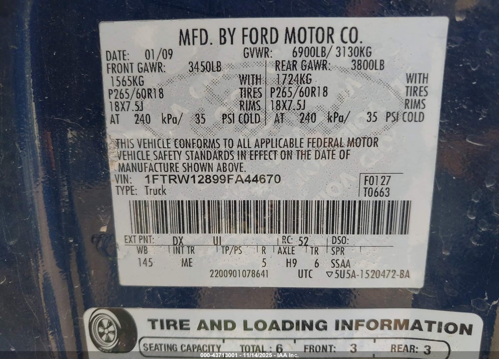 2009 FORD F-150 XL/XLT VIN: 1FTRW12899FA44670