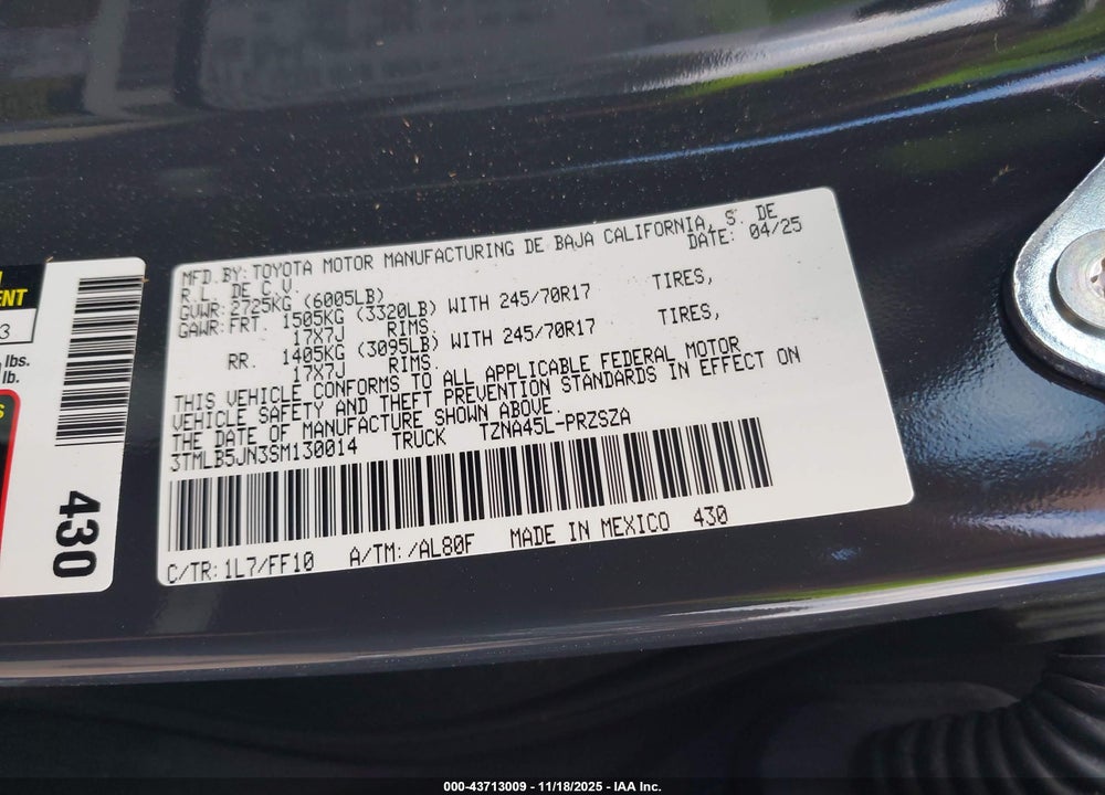 2025 TOYOTA TACOMA SR5 VIN: 3TMLB5JN3SM130014