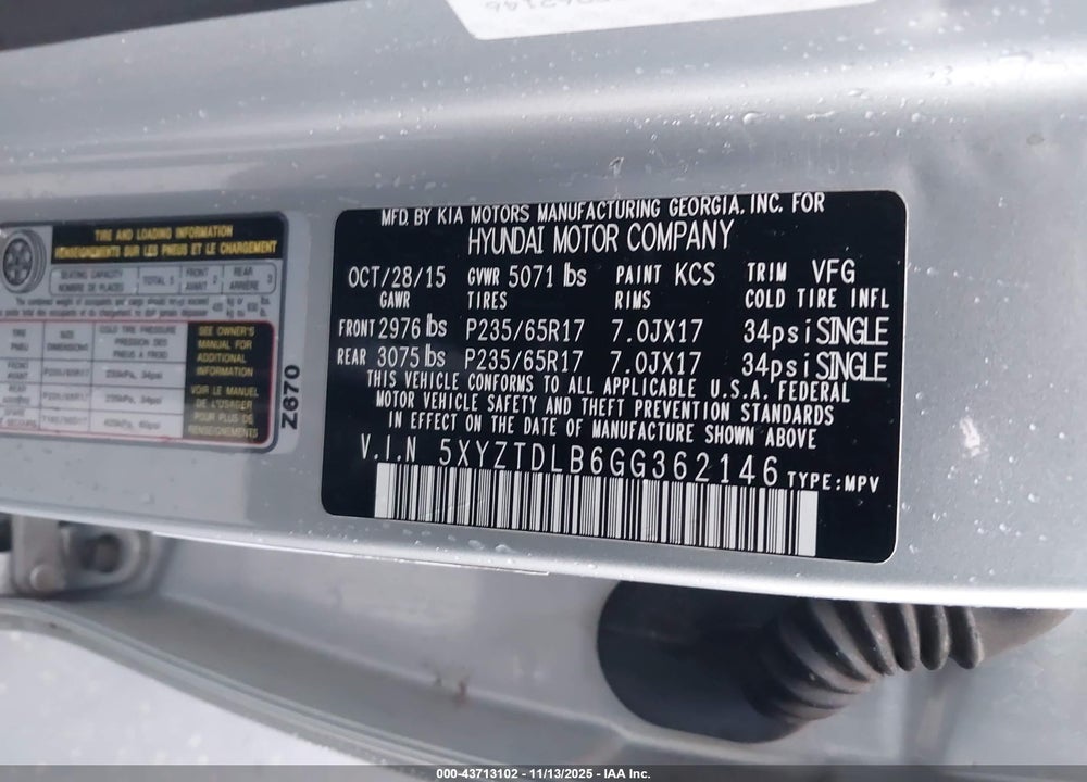 2016 HYUNDAI SANTA FE SPORT VIN: 5XYZTDLB6GG362146