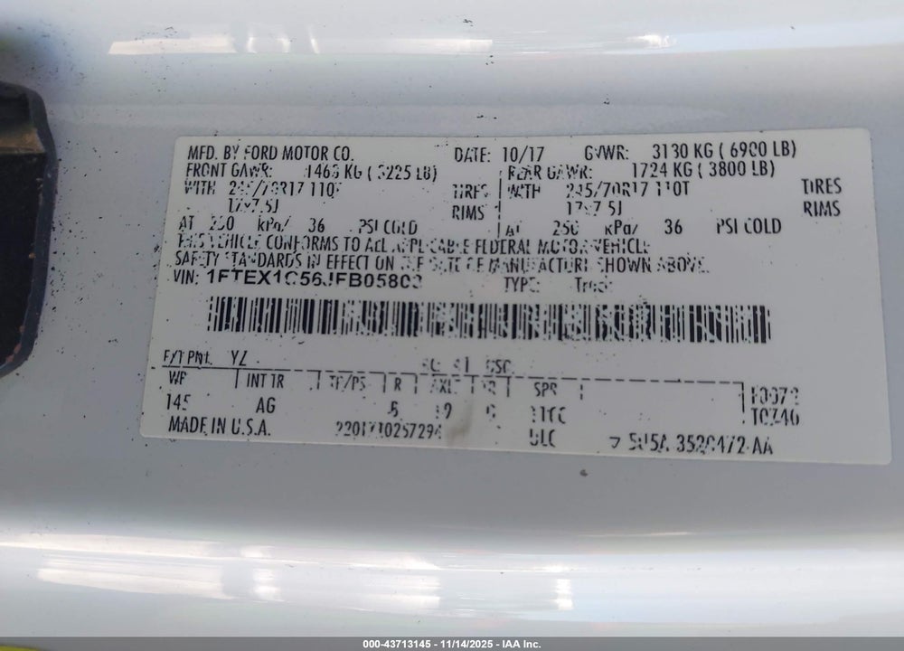 2018 FORD F-150 VIN: 1FTEX1C56JFB05803