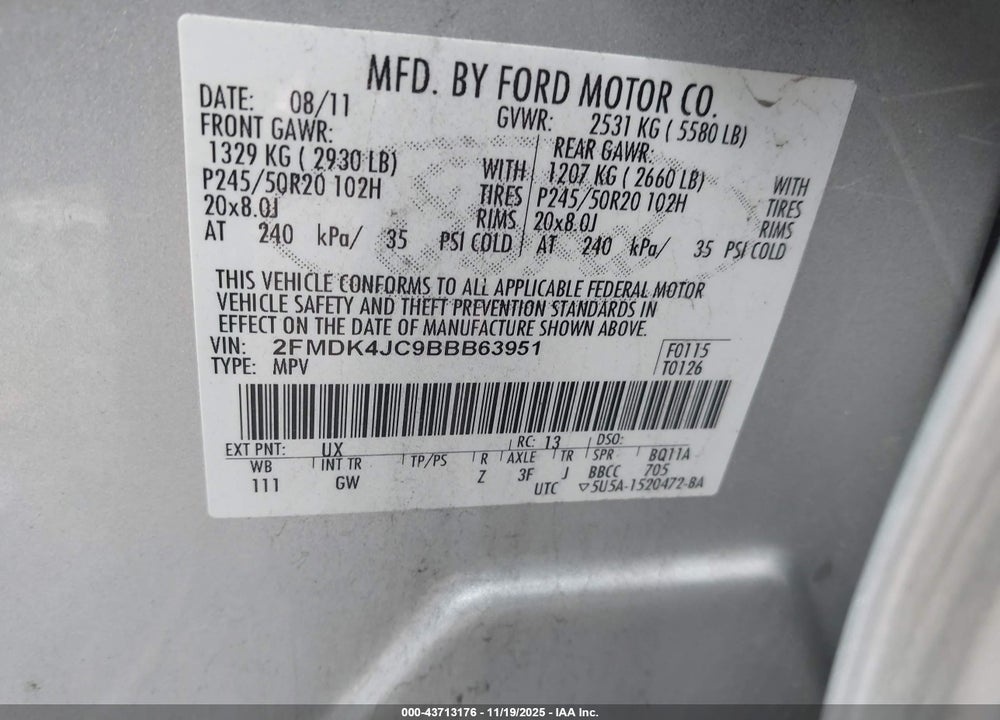 2011 FORD EDGE VIN: 2FMDK4JC9BBB63951