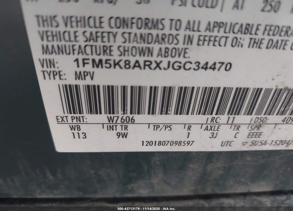 2018 FORD POLICE INTERCEPTOR UTILITY VIN: 1FM5K8ARXJGC34470