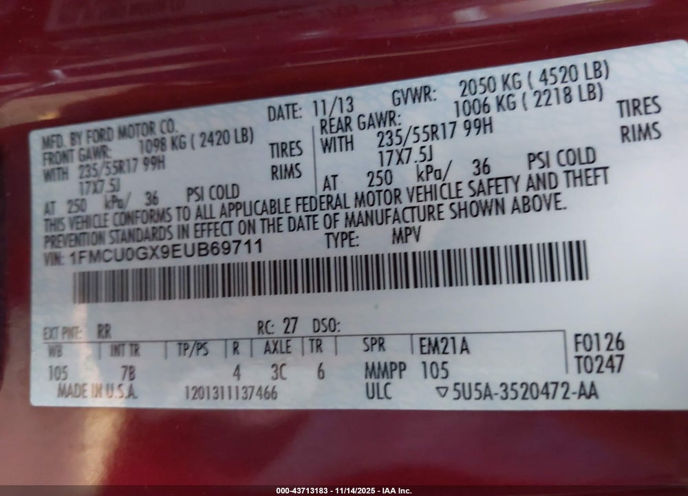 2014 FORD ESCAPE VIN: 1FMCU0GX9EUB69711