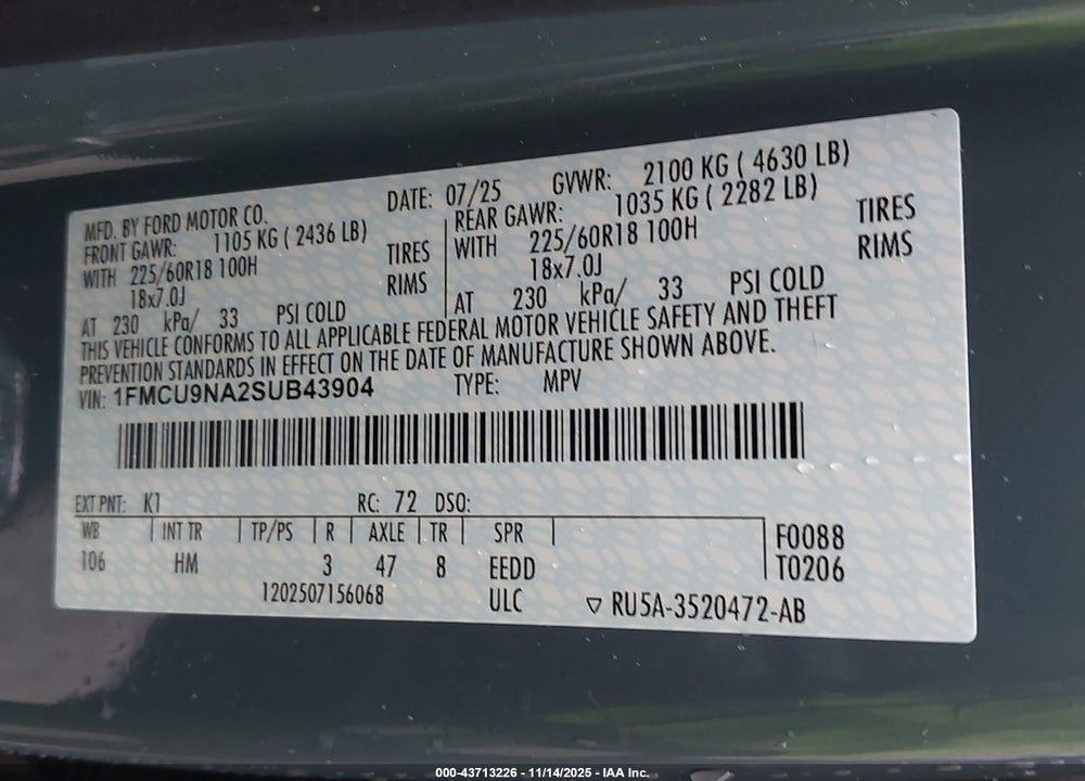 2025 FORD ESCAPE VIN: 1FMCU9NA2SUB43904